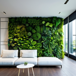A contemporary, eco-friendly urban apartment building featuring expansive vertical gardens and terraced rooftops filled with lush greenery. The interior of a high-tech living space is visible through large windows, subtly showcasing integrated smart home technology with clean, minimalist interfaces. A professional individual, fully clothed in modest attire, is seen relaxing on a comfortable, modern sofa. The image conveys a sense of tranquility, sustainability, and advanced living within a city. Perfect anatomy, correct proportions, natural pose, well-formed hands, proper finger count, natural body proportions. Professional photography, high quality, warm lighting, safe for work, appropriate content, fully clothed, family-friendly.