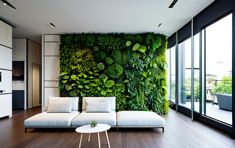 A contemporary, eco-friendly urban apartment building featuring expansive vertical gardens and terraced rooftops filled with lush greenery. The interior of a high-tech living space is visible through large windows, subtly showcasing integrated smart home technology with clean, minimalist interfaces. A professional individual, fully clothed in modest attire, is seen relaxing on a comfortable, modern sofa. The image conveys a sense of tranquility, sustainability, and advanced living within a city. Perfect anatomy, correct proportions, natural pose, well-formed hands, proper finger count, natural body proportions. Professional photography, high quality, warm lighting, safe for work, appropriate content, fully clothed, family-friendly.