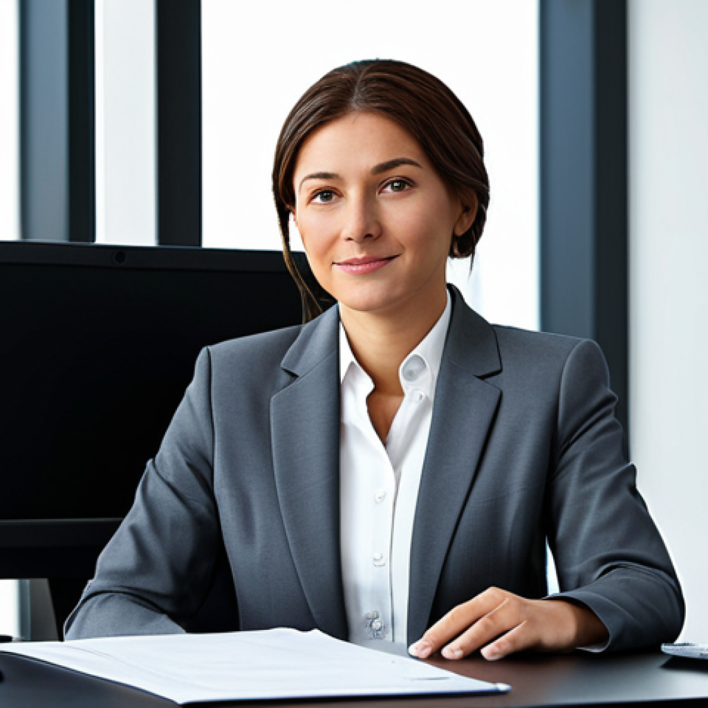 A professional businesswoman in a modest business suit, sitting at a desk in a modern office, fully clothed, appropriate attire, safe for work, perfect anatomy, natural proportions, professional photography, high quality.