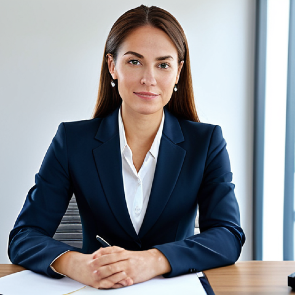 **Professional Businesswoman in Modern Office:** A businesswoman in a modest business suit, sitting at a desk in a modern office setting. Fully clothed, appropriate attire. Safe for work, perfect anatomy, natural proportions, professional photography, high quality.