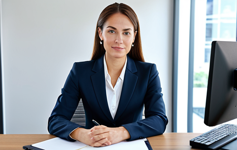 **Professional Businesswoman in Modern Office:** A businesswoman in a modest business suit, sitting at a desk in a modern office setting. Fully clothed, appropriate attire. Safe for work, perfect anatomy, natural proportions, professional photography, high quality.