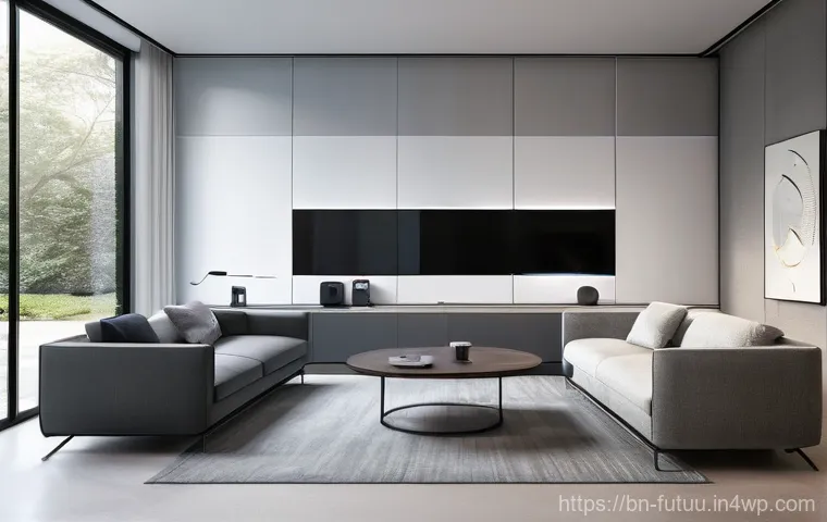 주택 정책의 미래  지속 가능한 개발 - **Prompt 1: "A serene, futuristic living room designed with smart home technology. Sunlight streams ...