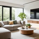 주거 혁신의 글로벌 성공 사례 - **Prompt:** A cozy, futuristic smart home living room with a family of four (two adults, two childre...