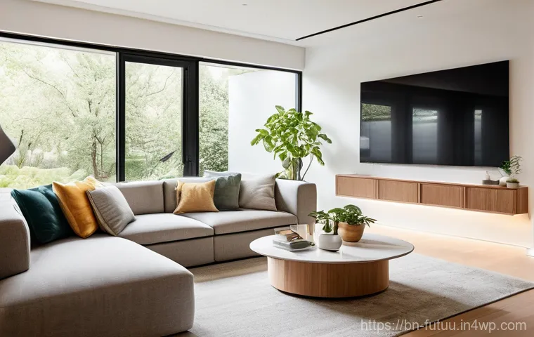 주거 혁신의 글로벌 성공 사례 - **Prompt:** A cozy, futuristic smart home living room with a family of four (two adults, two childre...