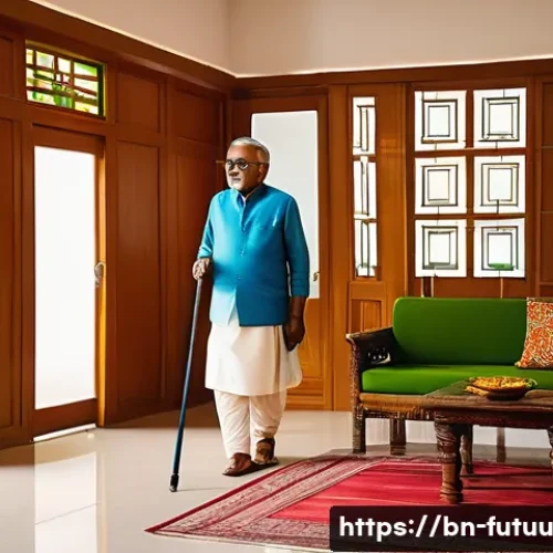고령화 사회를 위한 주거 혁신 모델 - A cozy modern Bengali elderly home interior featuring smart home devices: automatic lighting softly ...
