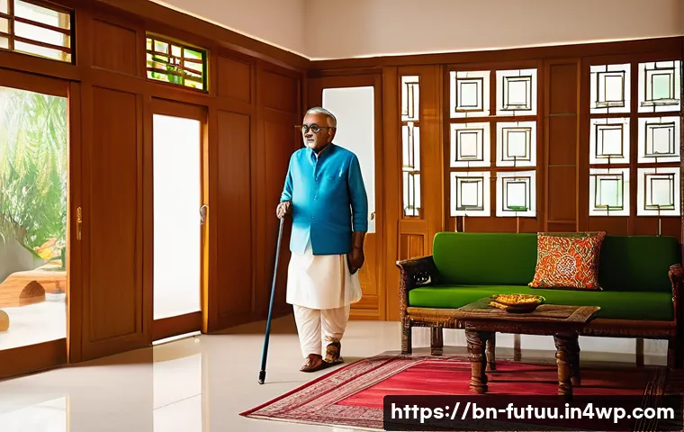 고령화 사회를 위한 주거 혁신 모델 - A cozy modern Bengali elderly home interior featuring smart home devices: automatic lighting softly ...