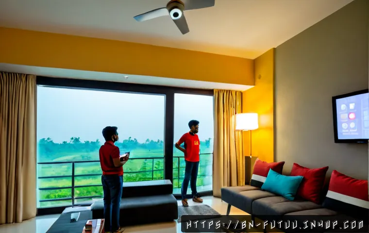 AI 기반 주택 관리 시스템의 발전 - Photorealistic modern smart home in Dhaka, Bangladesh, viewed from a bright living room: a Bengali f...